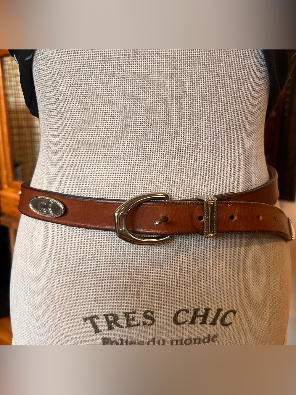 Brown Brindle Leather Belt equestrian themed Silver Hardware size 34 USA MADE